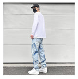 ripped irregular patchwork design denim jeans men casual zipper biker trousers jeans fashion streetwear hip hop pants joggers unique joggers style 3622