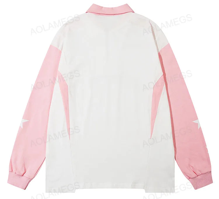 Y2K Streetwear Colorblock Raglan Sleeve Lapel Zipper Sweatshirt for Men Autumn Letter Print Polo Collar Loose Pullover Unisex