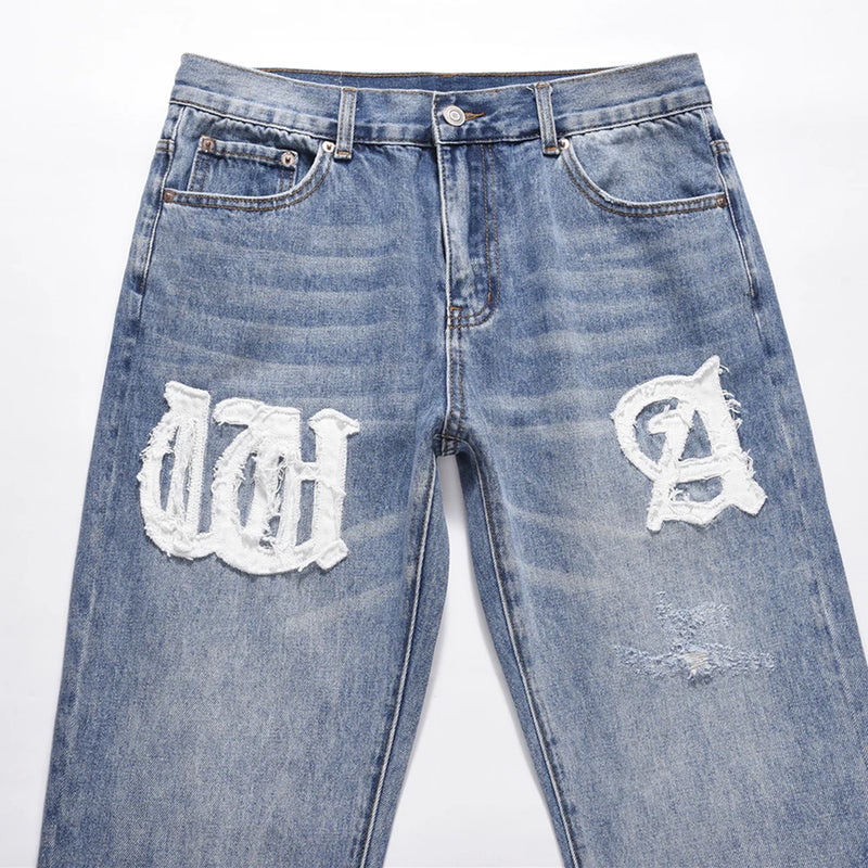 Frog drift Fashion Streetwear High Street REMAKE y2k Straight Stickers Blue Denim Jeans Trousers for men homme