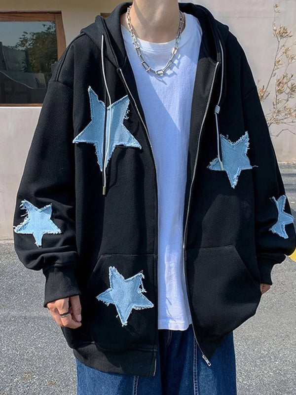 Mens Star Patch Zip Up Hoodie For Men Oversized Y2K Sweatshirt Jacket