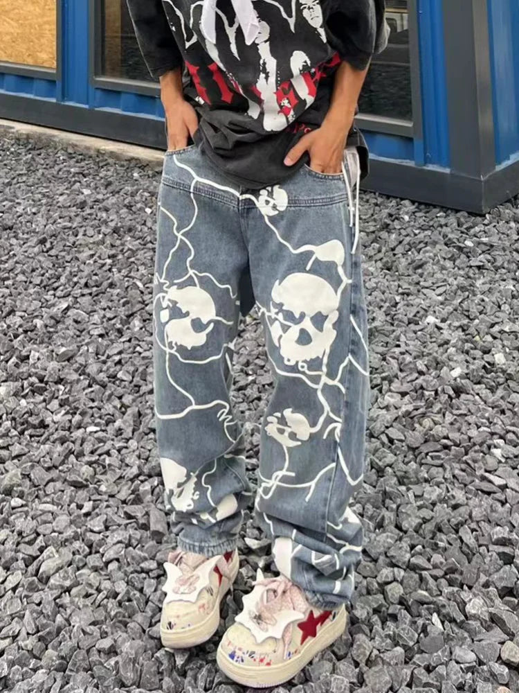 fashion lightning skull printed denim jeans mens unisex casual zipper straight jeans streetwear hip hop y2k jean pants joggers sporty tapered joggers