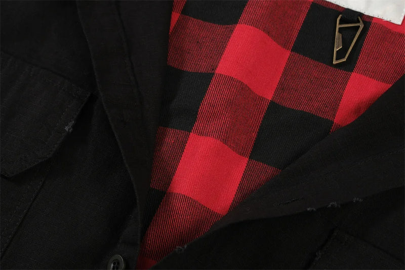Undermycar 2023 New Worn Out Heavy Work Durable Splice Extra Large Loose Plaid Shirt with Black and Red Plaid
