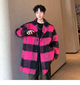 Plaid Woolen Trenchcoat Men Autumn Winter Fashion Retro Streetwear Suit Collar Loose Casual Trendy Trench Coat Outerwear