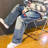 men jeans patchwork multi pocket couple denim pants beggar style cargo pants high street casual male streetwear unique cargo style 2412