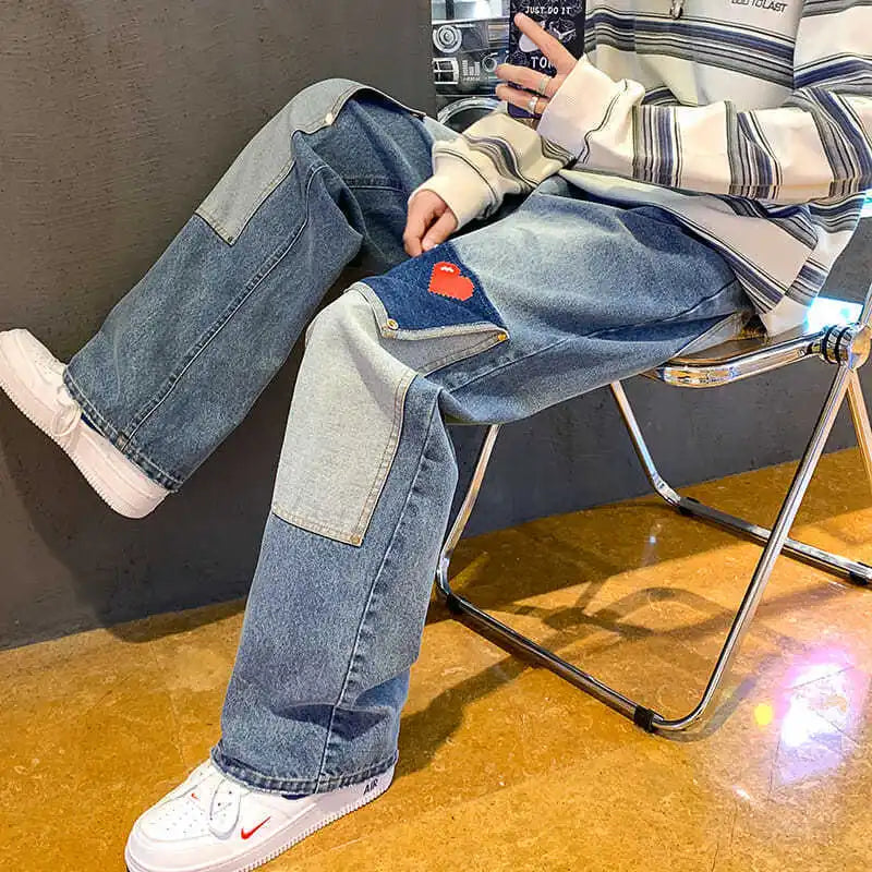 men jeans patchwork multi pocket couple denim pants beggar style cargo pants high street casual male streetwear unique cargo style 2412