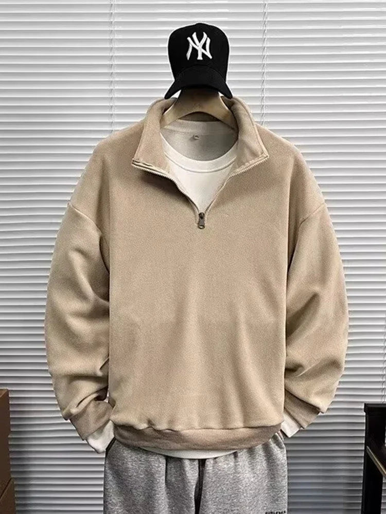 Mens Polar Fleece Half Zip Turtleneck Sweatshirts Korean Fashion Loose