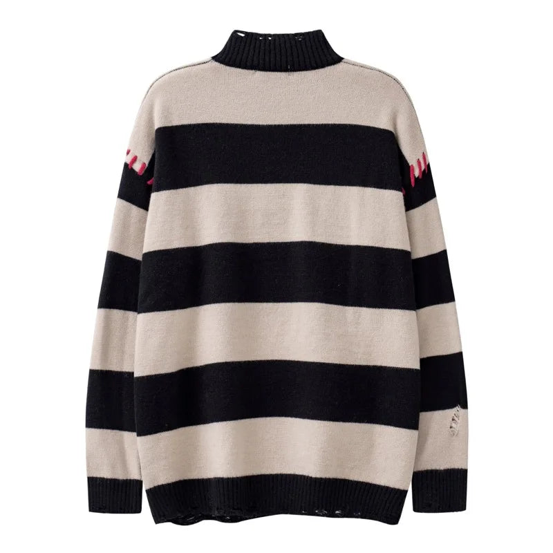 hip hop destroyed ripped holes knitted sweater mens casual y2k striped o neck pullover sweater unisex harajuku streetwear jumper - graphic printed hoodie for men and women, soft fleece-lined outerwear, anime inspired graphic hoodie