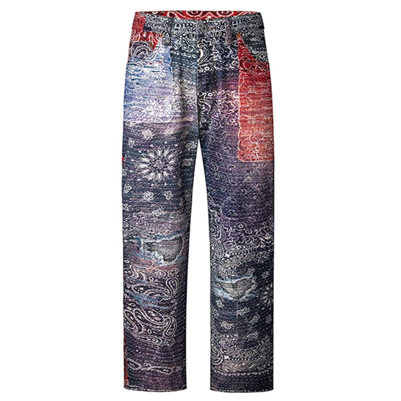 hip hop paisley printed denim jeans mens new casual zipper straight jeans streetwear high street loose pants baggy jeans joggers unique joggers style 2396