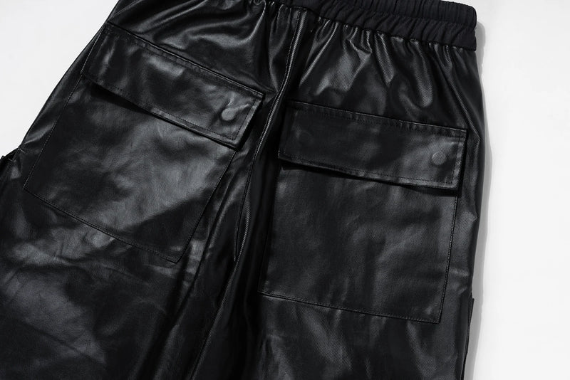 ro style matte pu leather pants for men high street y2k pantalones hombre baggy overall wide leg drawstring cargo pants unique cargo style 5564