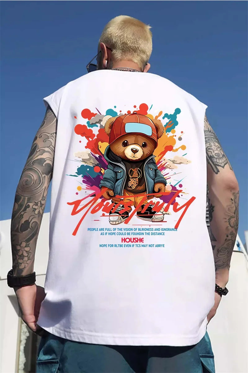 Vaporwave Angelcore design – New Hip Hop Fashion Graffiti Bear Print Tank Tops Mens Cloth