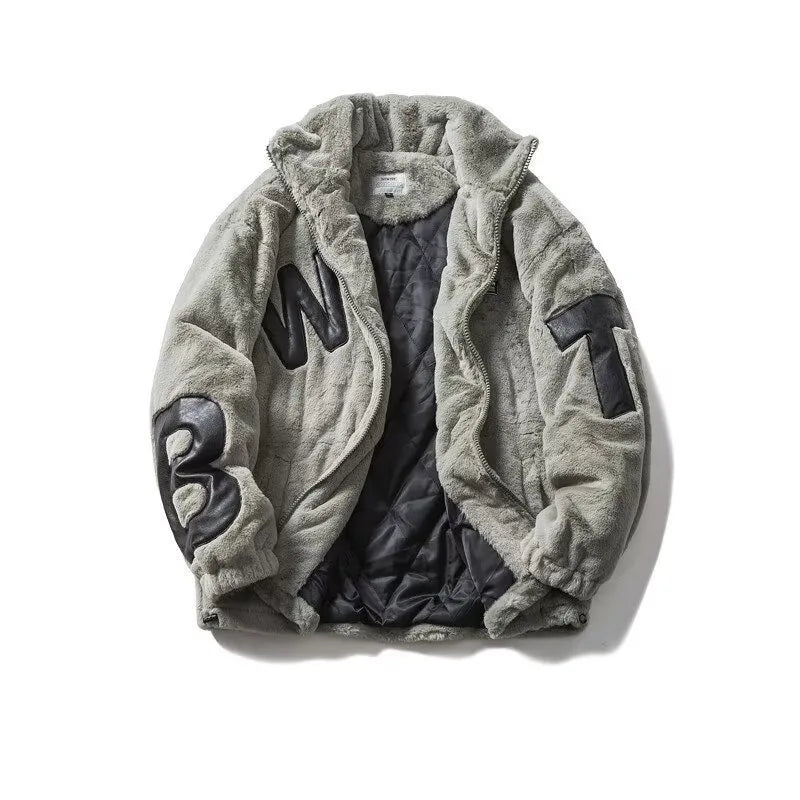Street Lamb Wool Jacket Mens 2024 Winter Stand Collar Letter Patchwork College Parkas Fleece Warm New Thickening Couple Coats