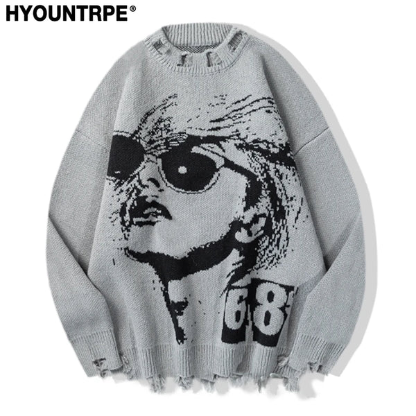 hip hop knitted oversized sweater men autumn winter o neck long sleeve pullover streetwear casual loose sweaters jumper knitwear - bold artwork streetwear hoodie, oversized streetwear hoodie, trendy hip hop fashion hoodie