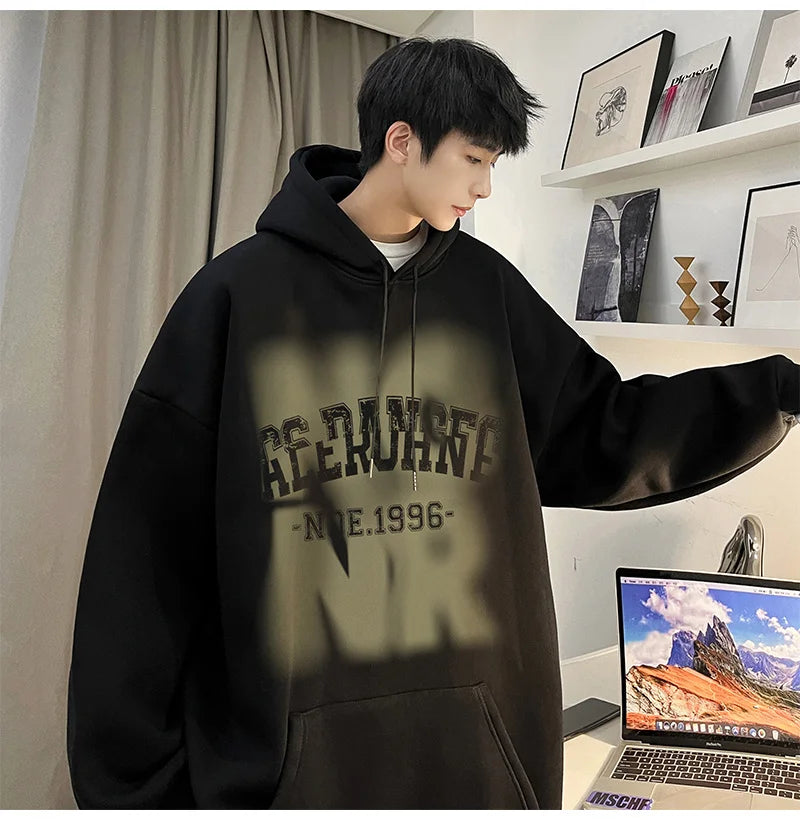 Mens Goth Letter Printed Hooded Sweatshirt American Style Vintage Tren