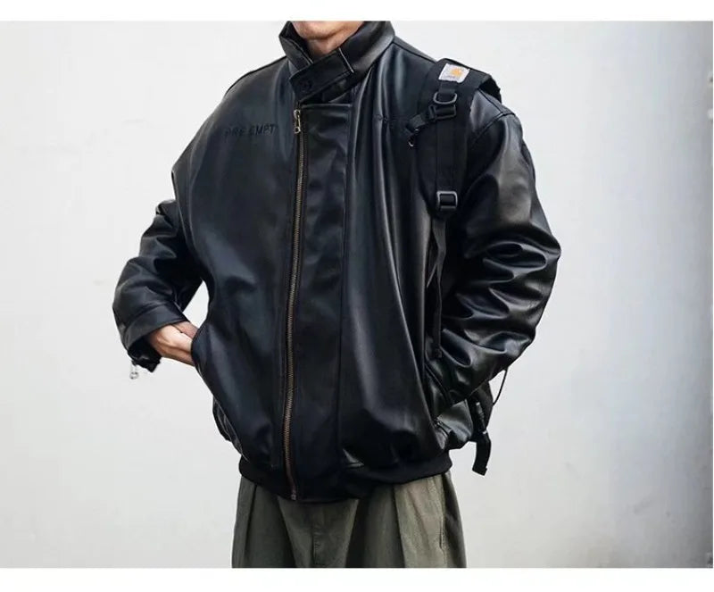 japanese street motorcycle set men thickened stand collar hip hop leather jacket harajuku casual pants 2 pcs bomber suit 2023 unique default style 4895