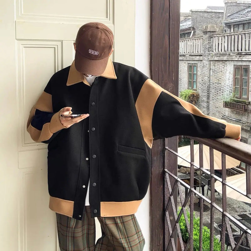Winter Contrasting Color Splicing Jacket Mens Loose And Versatile Thic