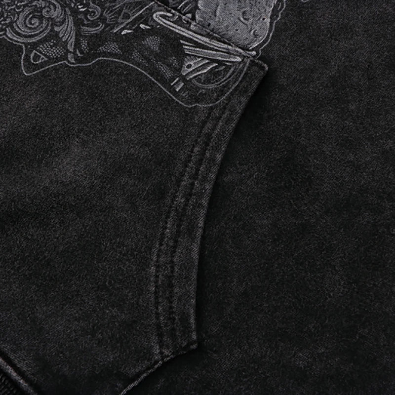 Hip Hop Streetwear Hoodie Sweatshirt Washed Vintage Devil Skull Skelet