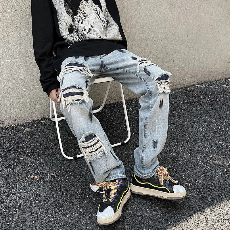 graffiti printed ripped destroied denim jean mens distressed biker jeans trousers new fashion high street straight pants joggers relaxed fit joggers