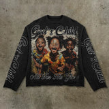 High Street Fashion Distressed Long-sleeved Pullover Men Y2k Harajuku Retro Hip-hop Rock Graffiti Style Oversized T-shirt Women