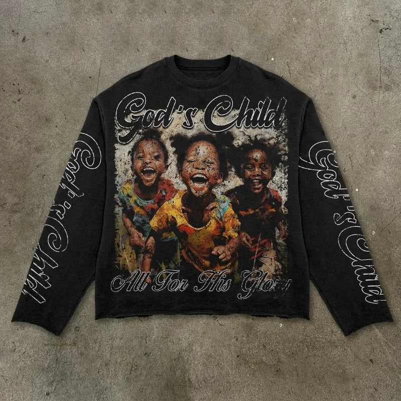 High Street Fashion Distressed Long-sleeved Pullover Men Y2k Harajuku Retro Hip-hop Rock Graffiti Style Oversized T-shirt Women