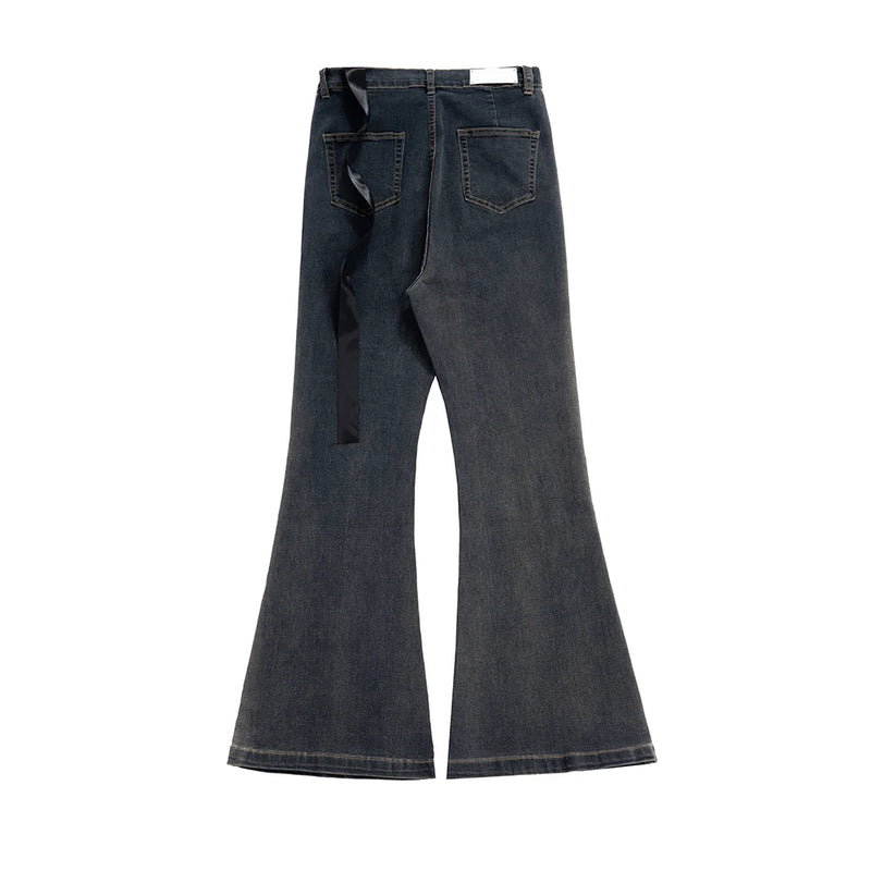 RO Style Gradient Washed Sashes Flare Jeans Unisex Streetwear Baggy Y2K Bell-bottoms Harajuku Loose Casual Denim Trousers