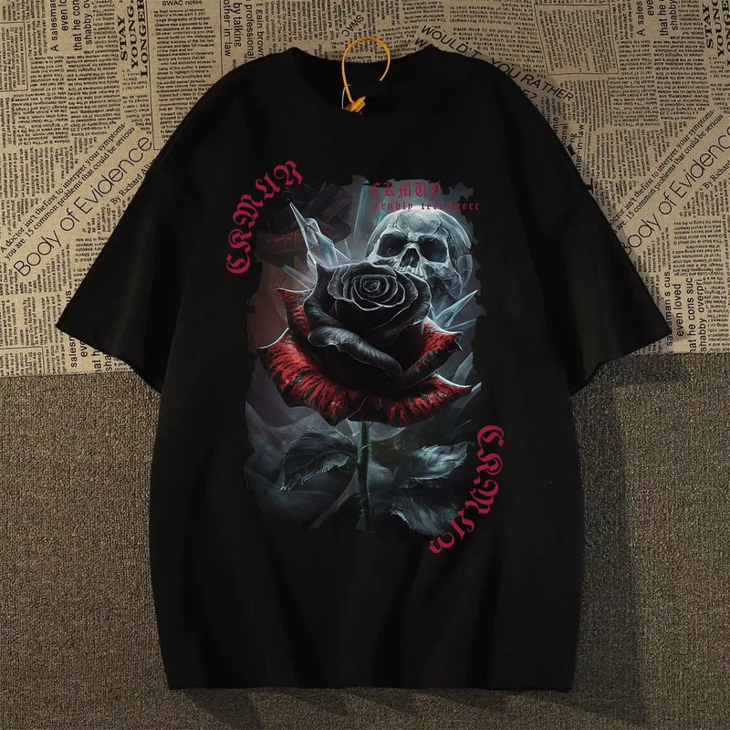 Sadcore Aesthetic piece – Pure Cotton Heavyweight American Skull Rose Summer Ins Short