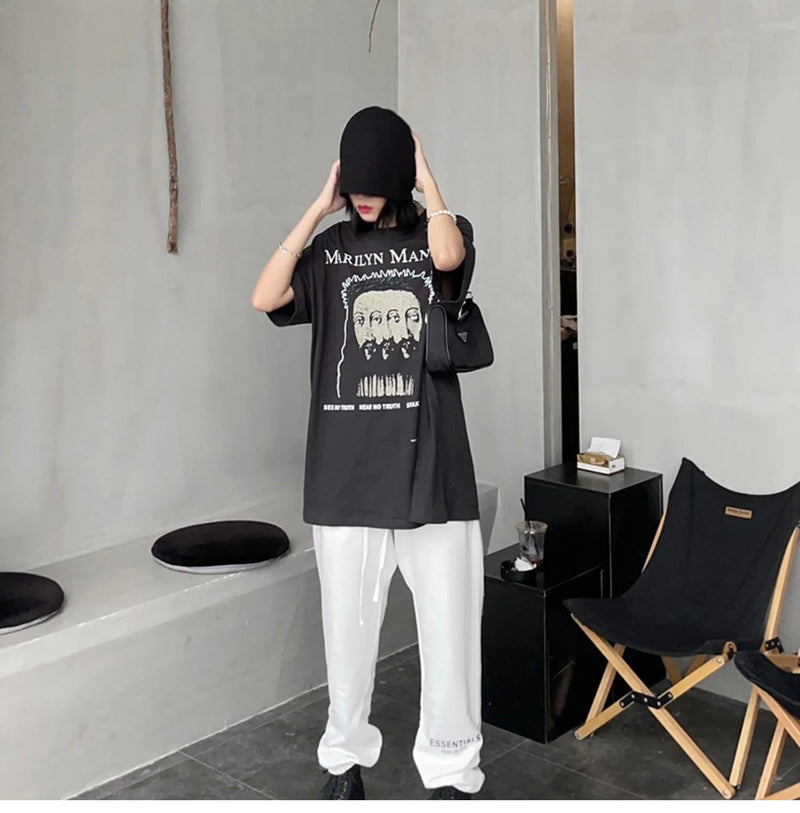 gothic vintage t-shirt featuring summer retro vintage rock band tee portrait print cotton high street casual loose t shirt for men