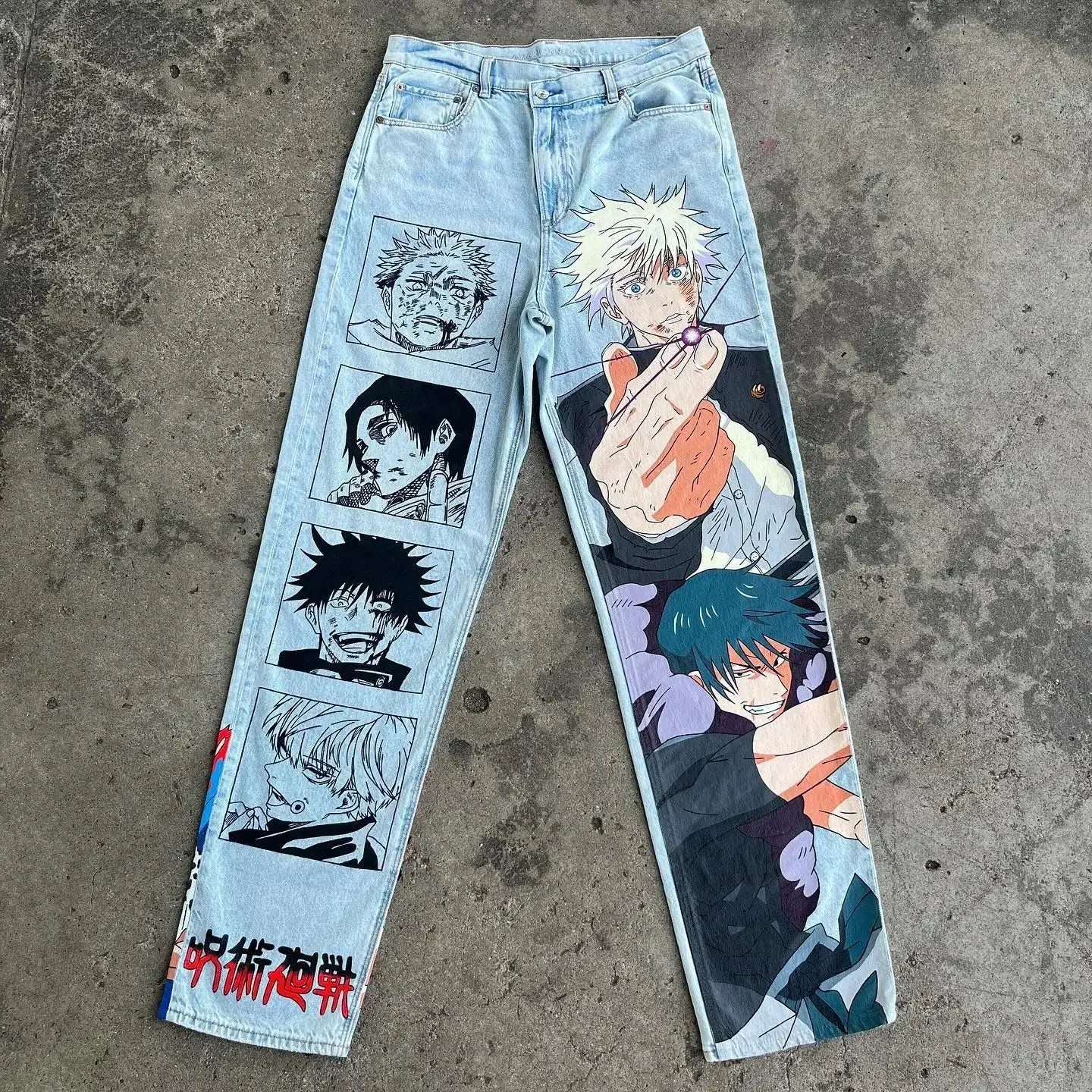 harajuku many ghost faces print y2k men s jeans popular anime baggy jeans wide leg pants streetwear trouser men clothing urban skinny jeans