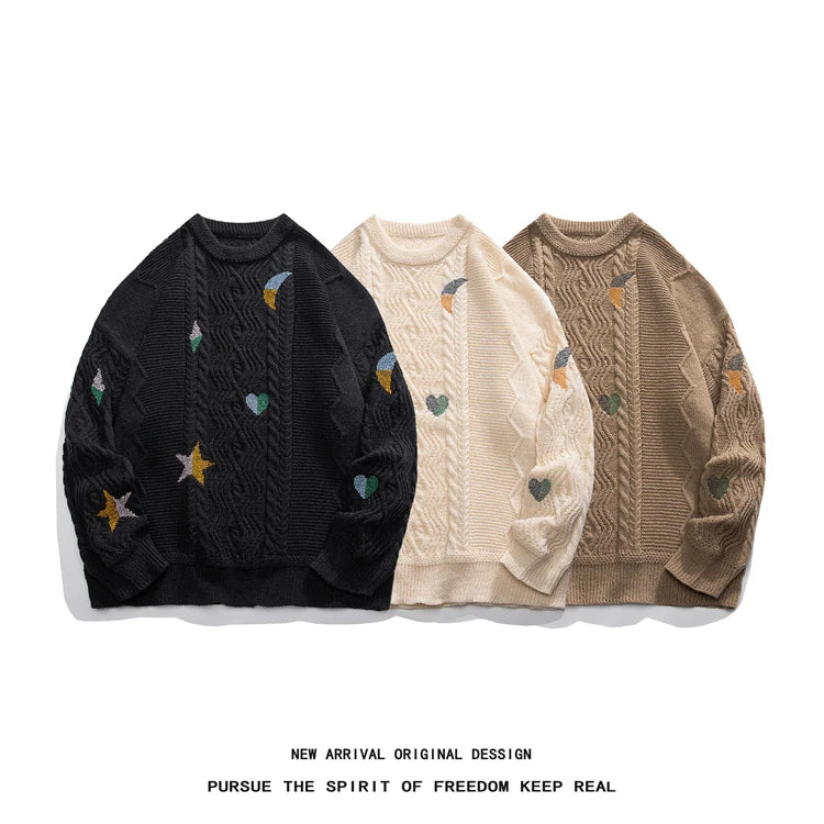 varsity flame pullover for men with bold graphic knit design, perfect for 2025 fashion, street fashion menswear trend for sea