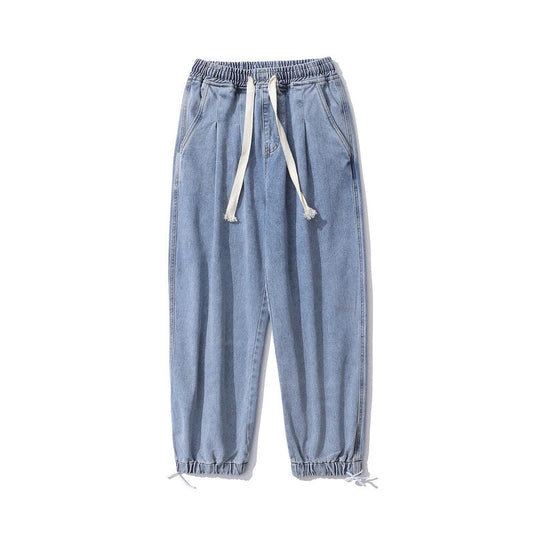 rainbowtouches men jeans fashion classic brand men wide legs elastic concise jeans casual trousers retro style boy loose pants vintage washed jeans