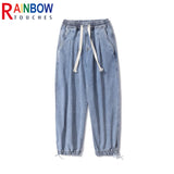 rainbowtouches men jeans fashion classic brand men wide legs elastic concise jeans casual trousers retro style boy loose pants vintage washed jeans