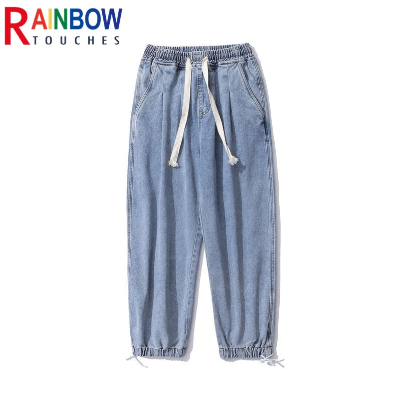rainbowtouches men jeans fashion classic brand men wide legs elastic concise jeans casual trousers retro style boy loose pants vintage washed jeans
