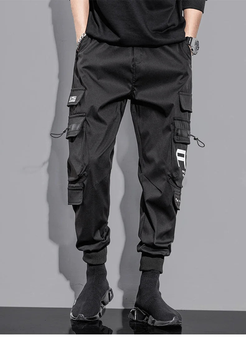 mens cargo pants elastic waist trousers with pockets streetwear hip hop loose fit ankle drawstring military sweatpants joggers unique joggers style 2525