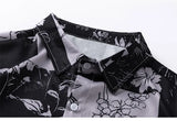 Men Hawaiian Shirt Retro Floral Print Short Sleeve Blouse Hong Kong Style Summer Beach Vacation Tops Casual Loose Shirt Black