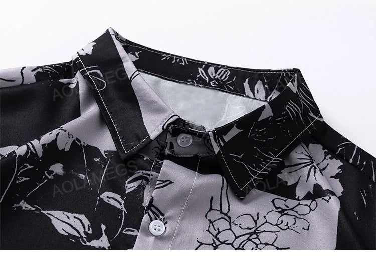 Men Hawaiian Shirt Retro Floral Print Short Sleeve Blouse Hong Kong Style Summer Beach Vacation Tops Casual Loose Shirt Black