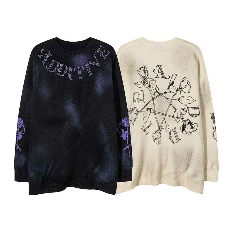 hip hop knitted sweater streetwear mens letter rose printed punk gothic oversized o neck pullover jumpers harajuku loose tops aesthetic street look hoodie, Y2K vintage urban hoodie, unique limited edition hoodie