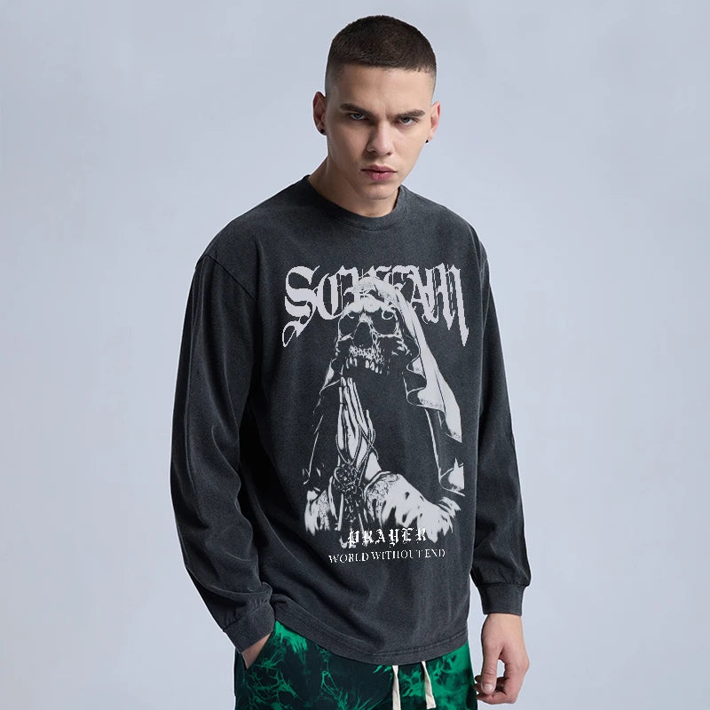 Rainbowtouches Washed Long Shirts For Men Fashion Design Printed Cotton Tidal Current Comfortable Style Black Men's Clothing