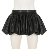 IAMHOTTY European and American Puff Flower Bud Leather Skirt Fashion Solid Color Versatile Leather Short Skirt  y2k skirt