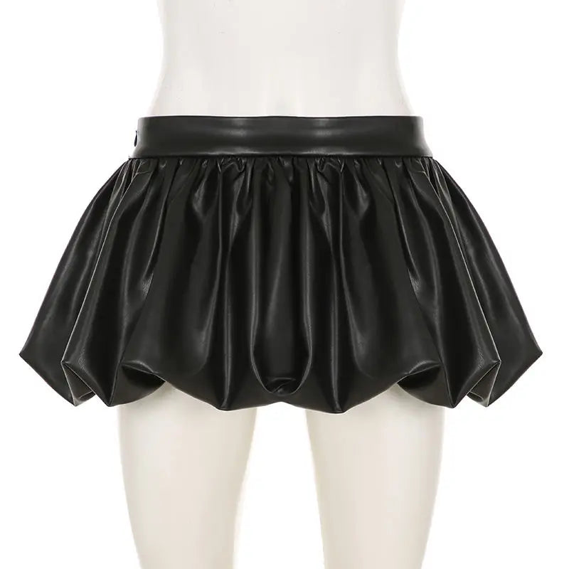 IAMHOTTY European and American Puff Flower Bud Leather Skirt Fashion Solid Color Versatile Leather Short Skirt  y2k skirt