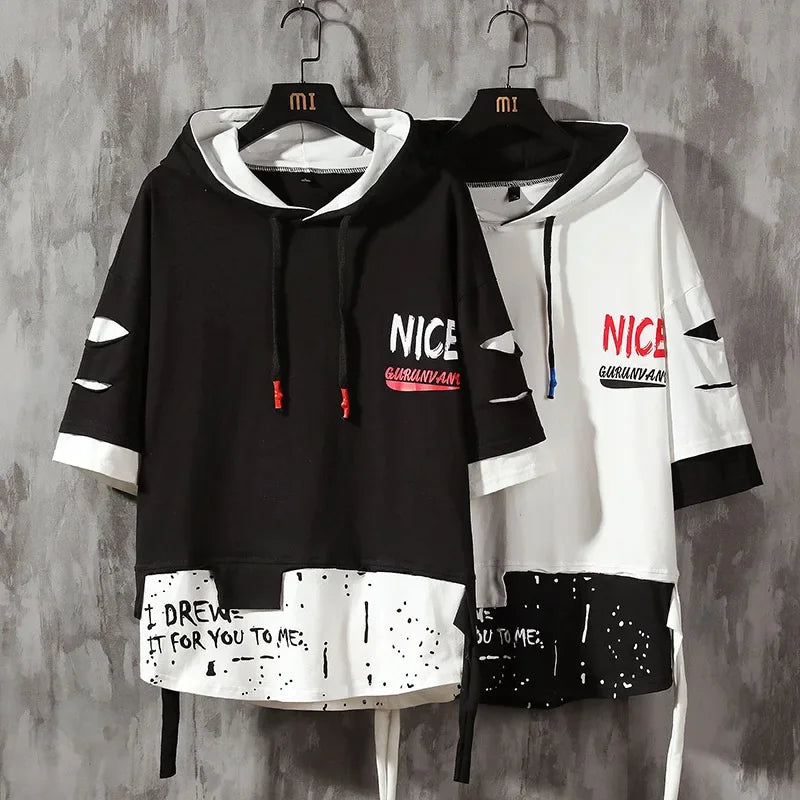 Men Fashion Ribben Hoodie Summer Short Sleeve Hoodies Mens Hoodies
