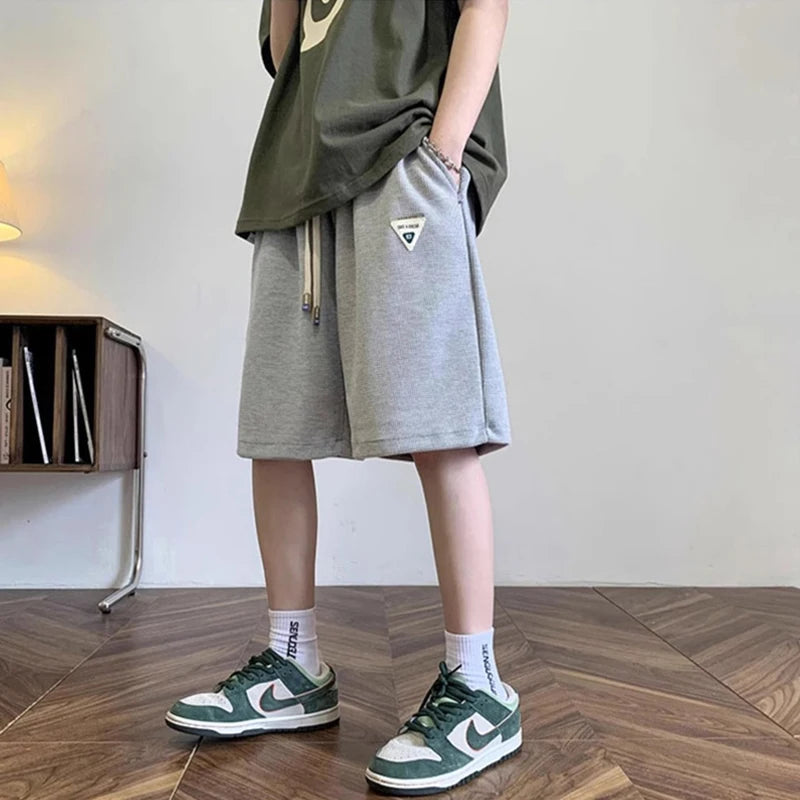 summer mens letter appliques waffle shorts baggy running wide leg casual short pants solid drawstring gym straight y2k shorts techwear shorts