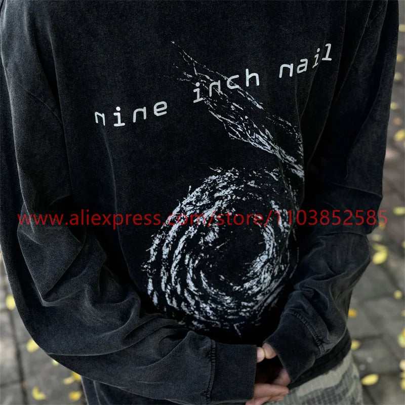 2024 Autumn Vintage American Long Sleeve Street Hip Hop West Coast High Street Heavy Weight High Quality Washed Print 100%Cotton