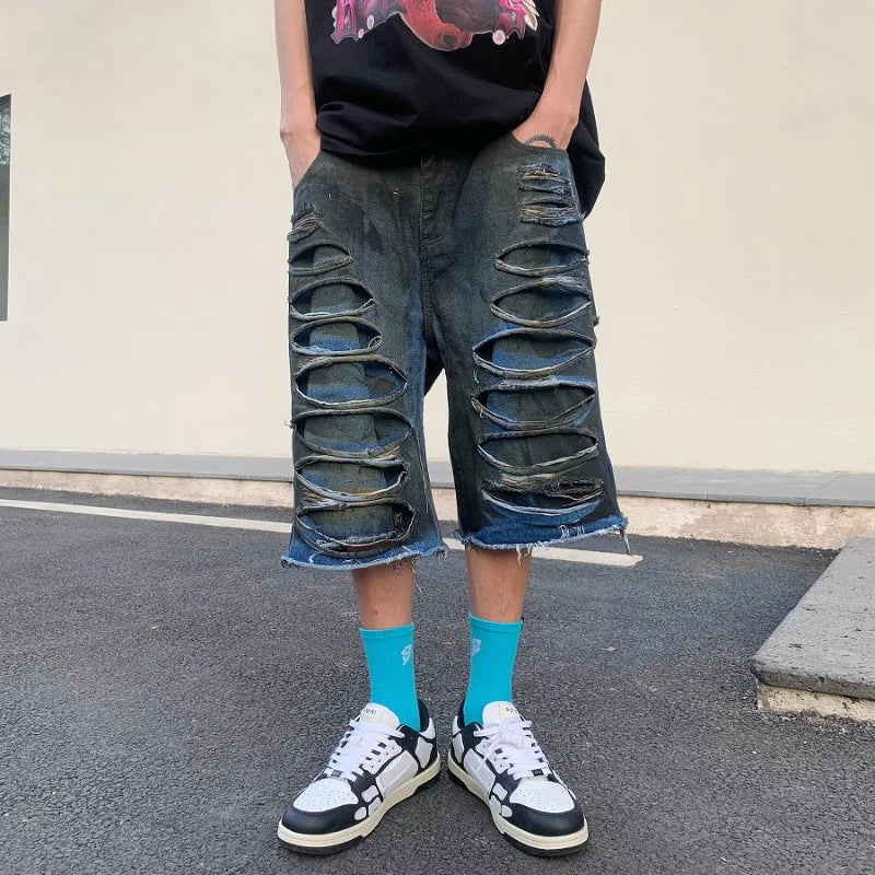destroy ripped big holes spliced denim jeans shorts hip hop loose short pant harajuku half baggy jeans mens summer casual shorts stacked flare jeans