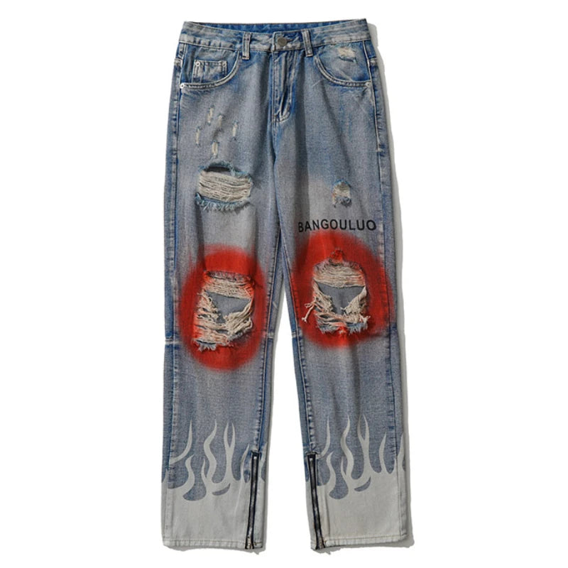 knee graffiti ripped holes denim jeans men unisex casual fire printed bottom zipper jeans streetwear hip hop jean pants joggers unique joggers style 3481