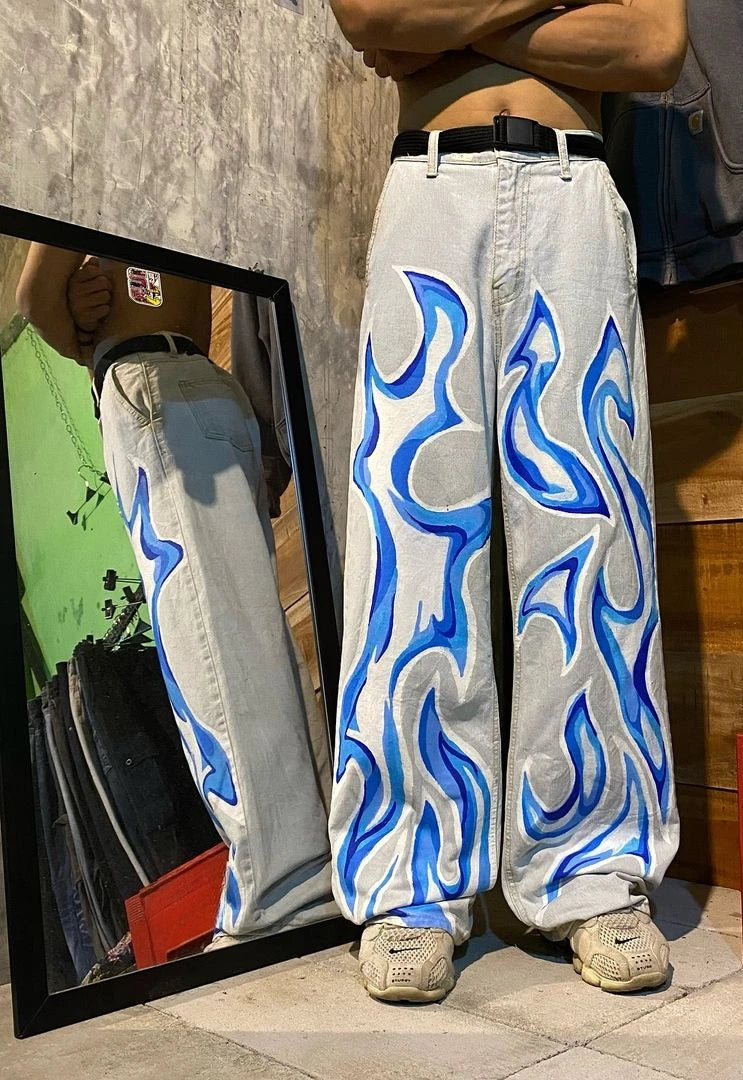 y2k men s jeans oversized hip hop goth flame pattern print baggy jeans for men retro straight wide leg denim pants streetwear vintage washed jeans