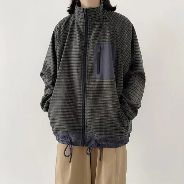 Autumn Japanese Retro Loose Casual Stand Up Collar Checked Jacket Mens