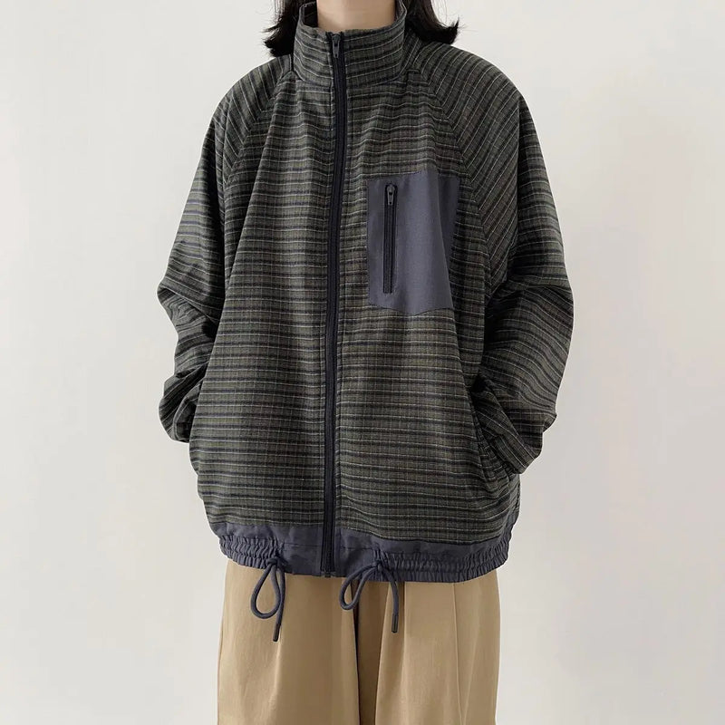Autumn Japanese Retro Loose Casual Stand Up Collar Checked Jacket Mens
