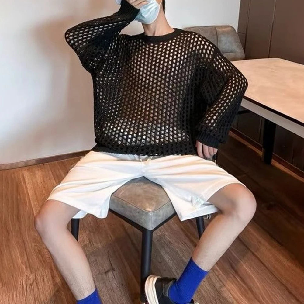 Casual Pullovers Hollow Out Outfits Fishnet Smock Tops Men Fashion Loose Long Sleeve See-though Knit Shirts Y2k Sexy Holes Shirt
