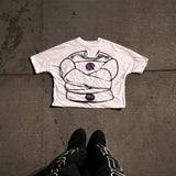 Skatercore Anime panel – American Fashion Trend Letter Print Oversized Round T Shirt