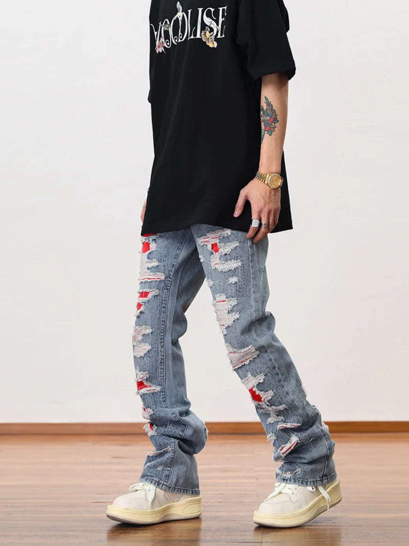men distressed ripped destroied denim jean pants new fashion patchwork biker jeans streetwear flare pants jogger y2k men s jeans sporty tapered joggers