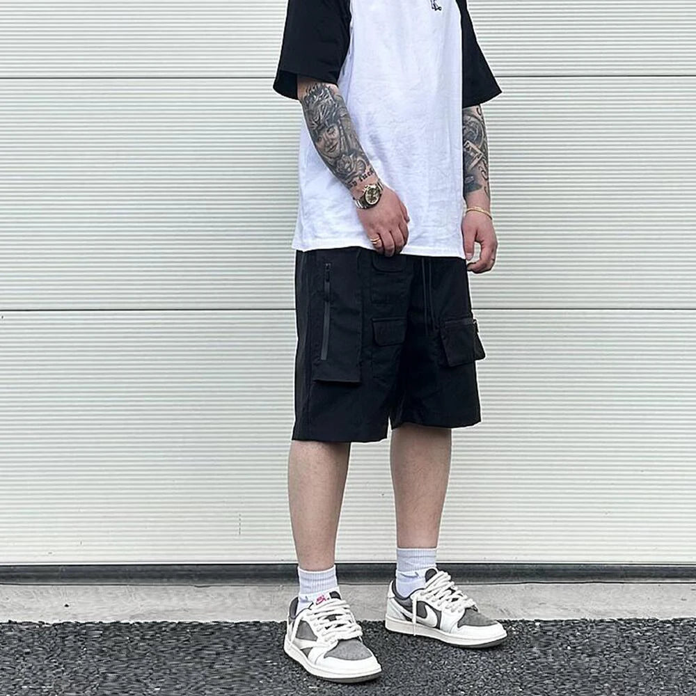 Retro Fashion Vibe Summer Cargo Shorts Functional Pockets Press Glue Zipper Straight Shorts Baggy Casual Split Knee-length